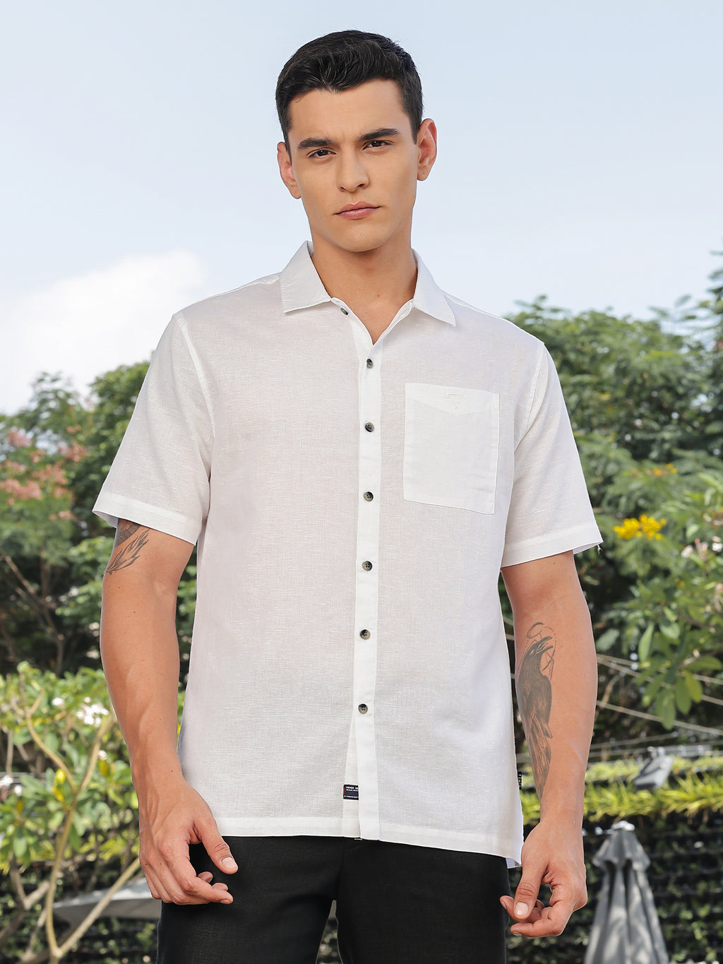 Thomas Scott Men White Short Sleeves Oversized Cotton Linen Casual Shirt