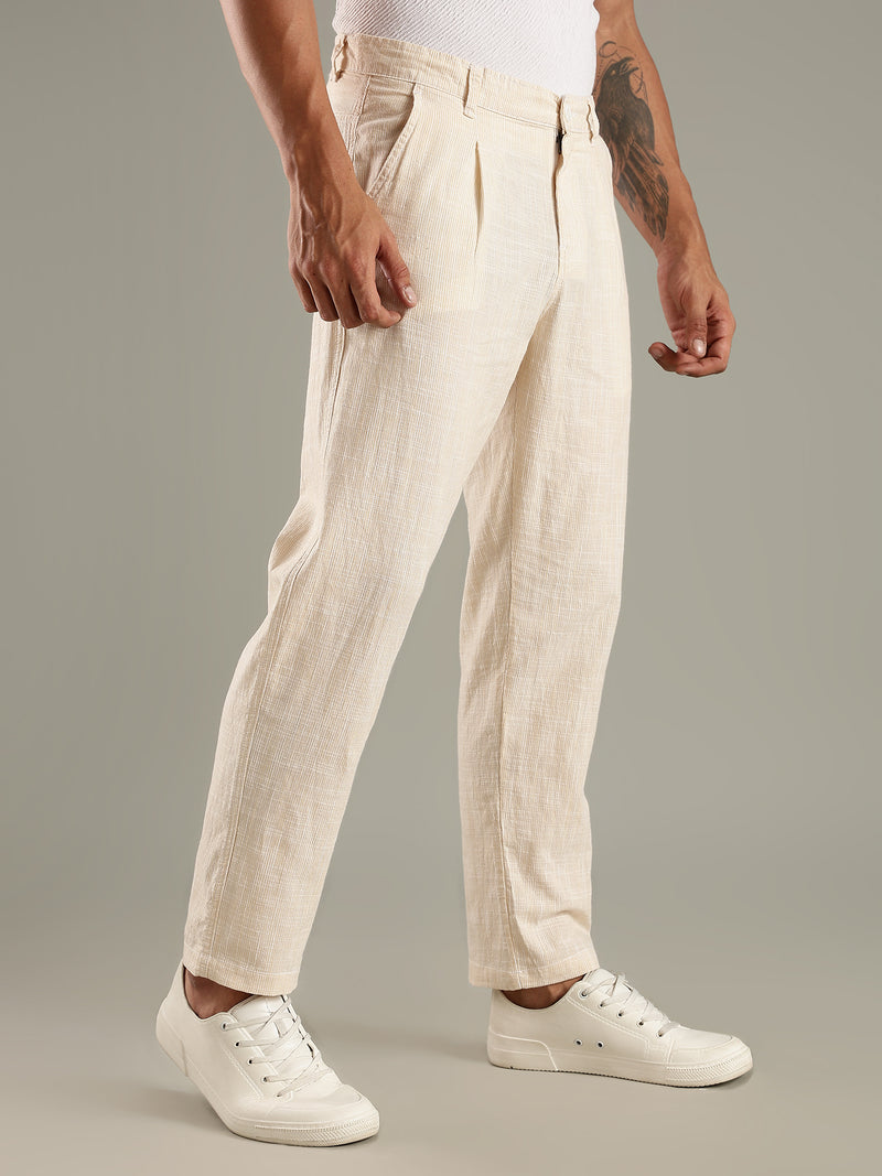 Thomas Scott Men Beige Straight Fit Mid-Rise Sriped Linen Trouser