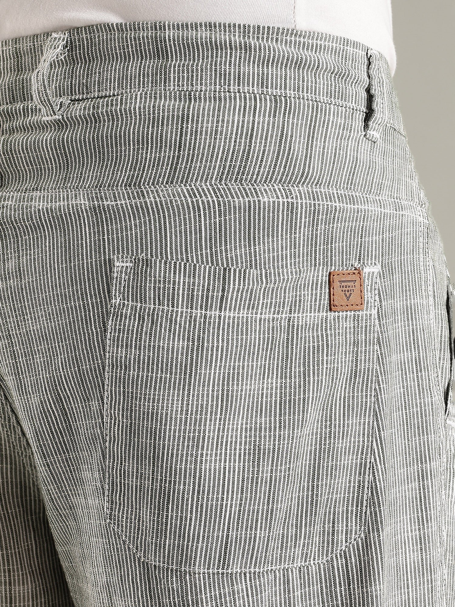 Thomas Scott Men Green Straight Fit Mid-Rise Sriped Linen Trouser