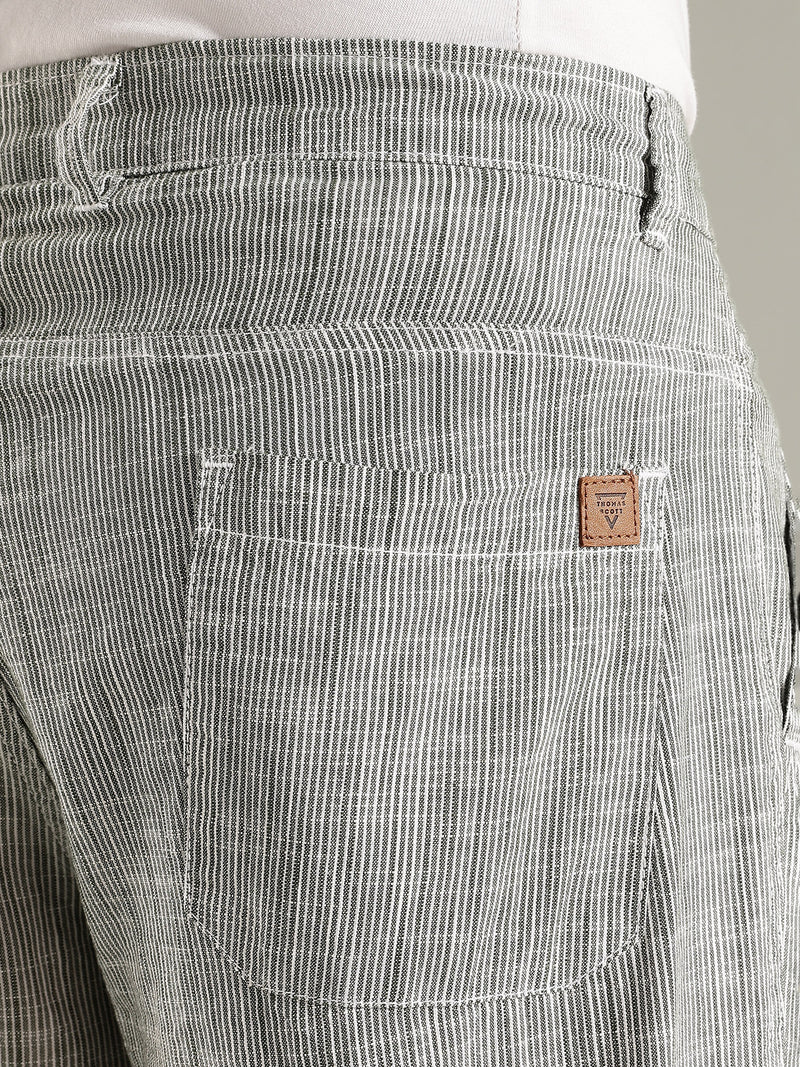 Thomas Scott Men Green Straight Fit Mid-Rise Sriped Linen Trouser
