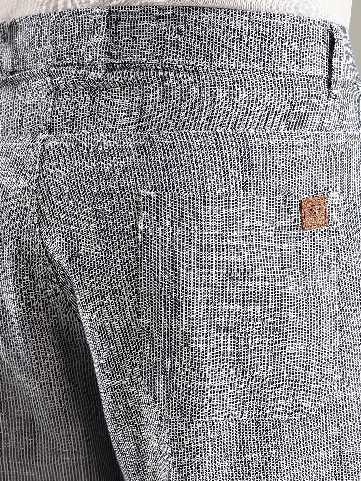 Thomas Scott Men Navy Straight Fit Mid-Rise Sriped Linen Trouser