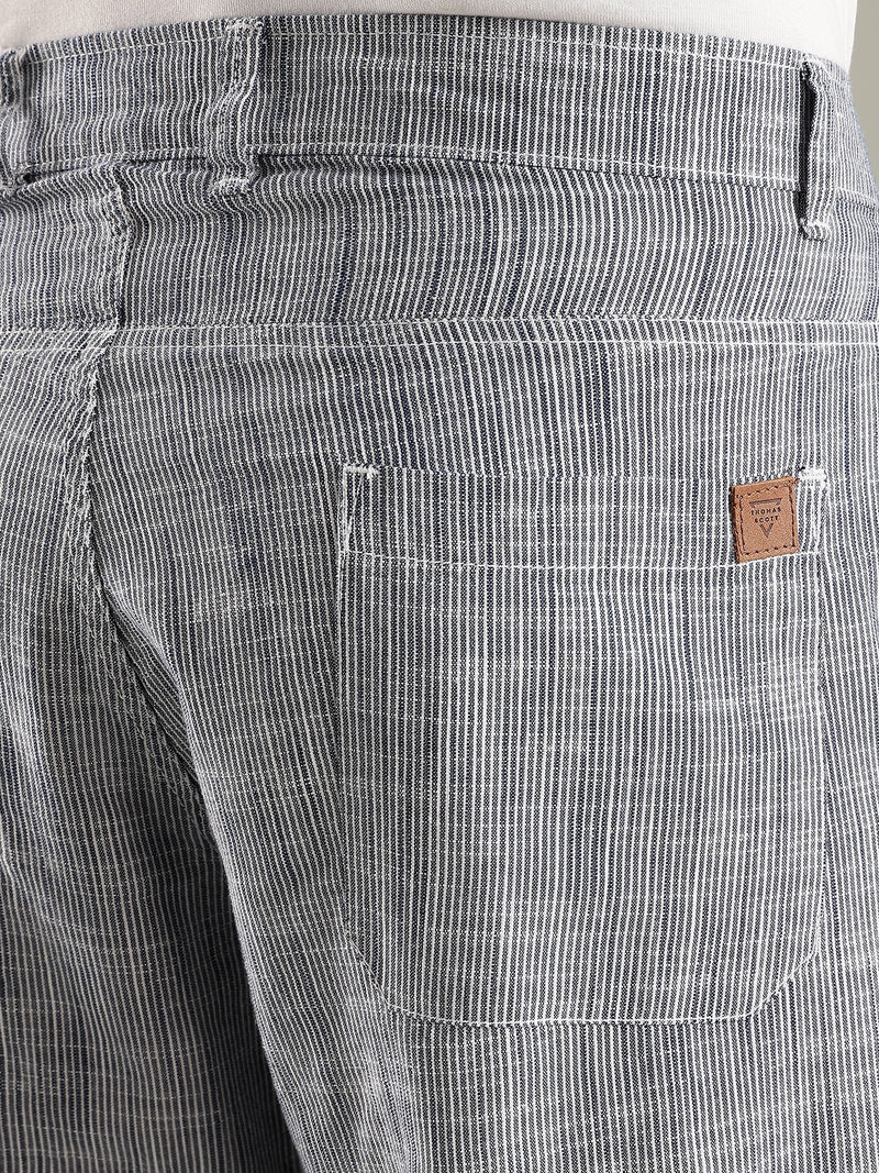 Thomas Scott Men Navy Straight Fit Mid-Rise Sriped Linen Trouser