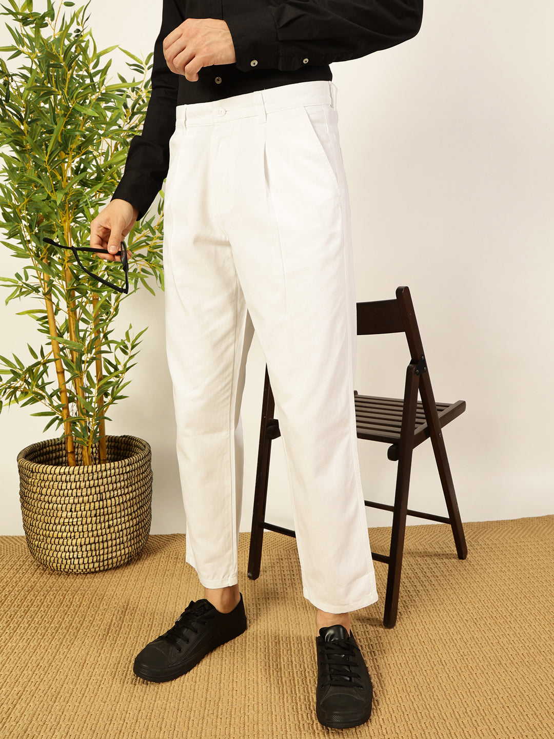 Thomas Scott Men Solid Smart Straight Fit Easy Wash Pleated Chinos Trousers