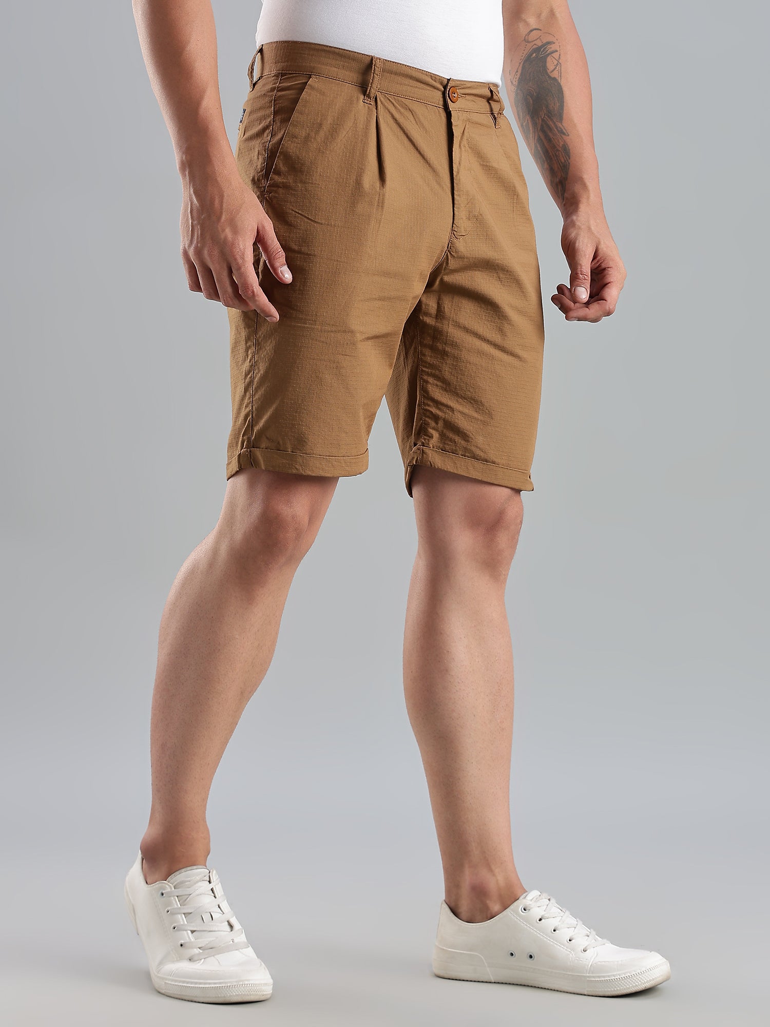 Thomas Scott Men Khaki Mid-Rise Regular Fit Solid Cotton Shorts