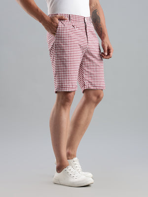 Thomas Scott Men Red Mid-Rise Regular Fit Gingham Checks Cotton Shorts