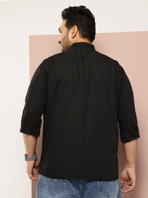 Black Plus Size Regular Fit Long Sleeves Spread Collar Casual Shirt For Men