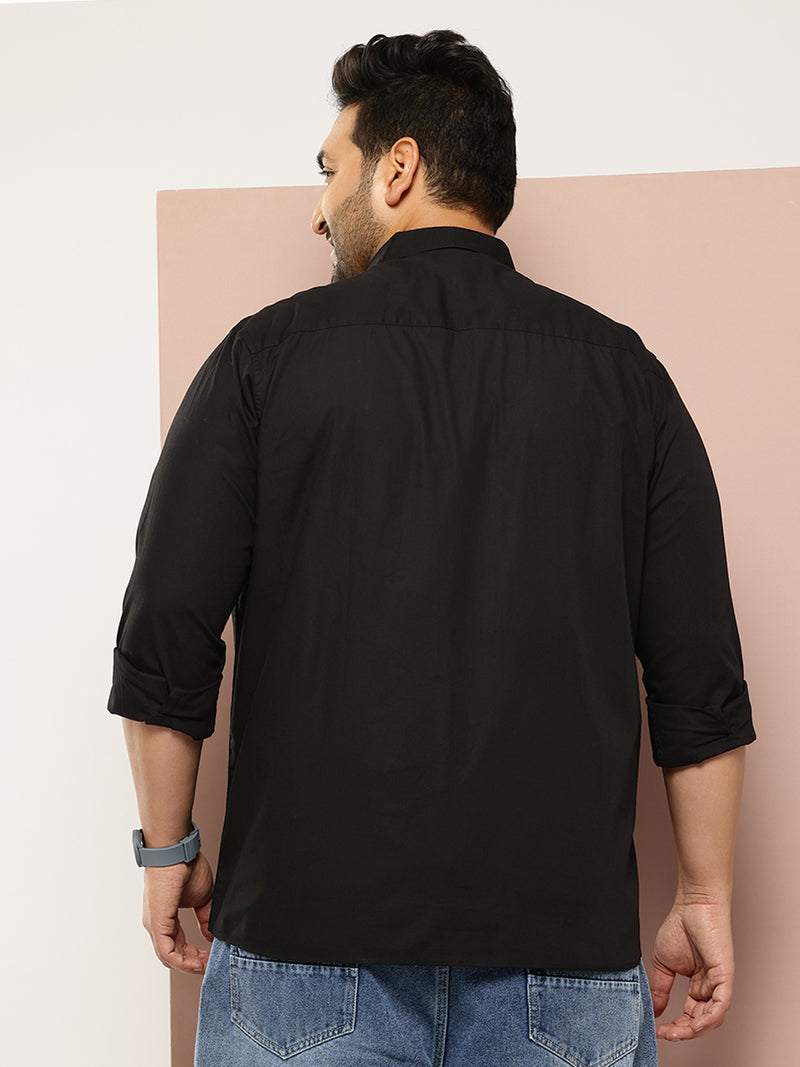 Thomas Scott Men Black Plus Size Regular Fit Long Sleeves Spread Collar Casual Shirt