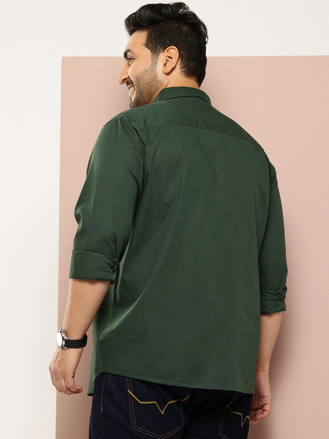 Thomas Scott Men Bottle Green Plus Size Regular Fit Long Sleeves Spread Collar Casual Shirt