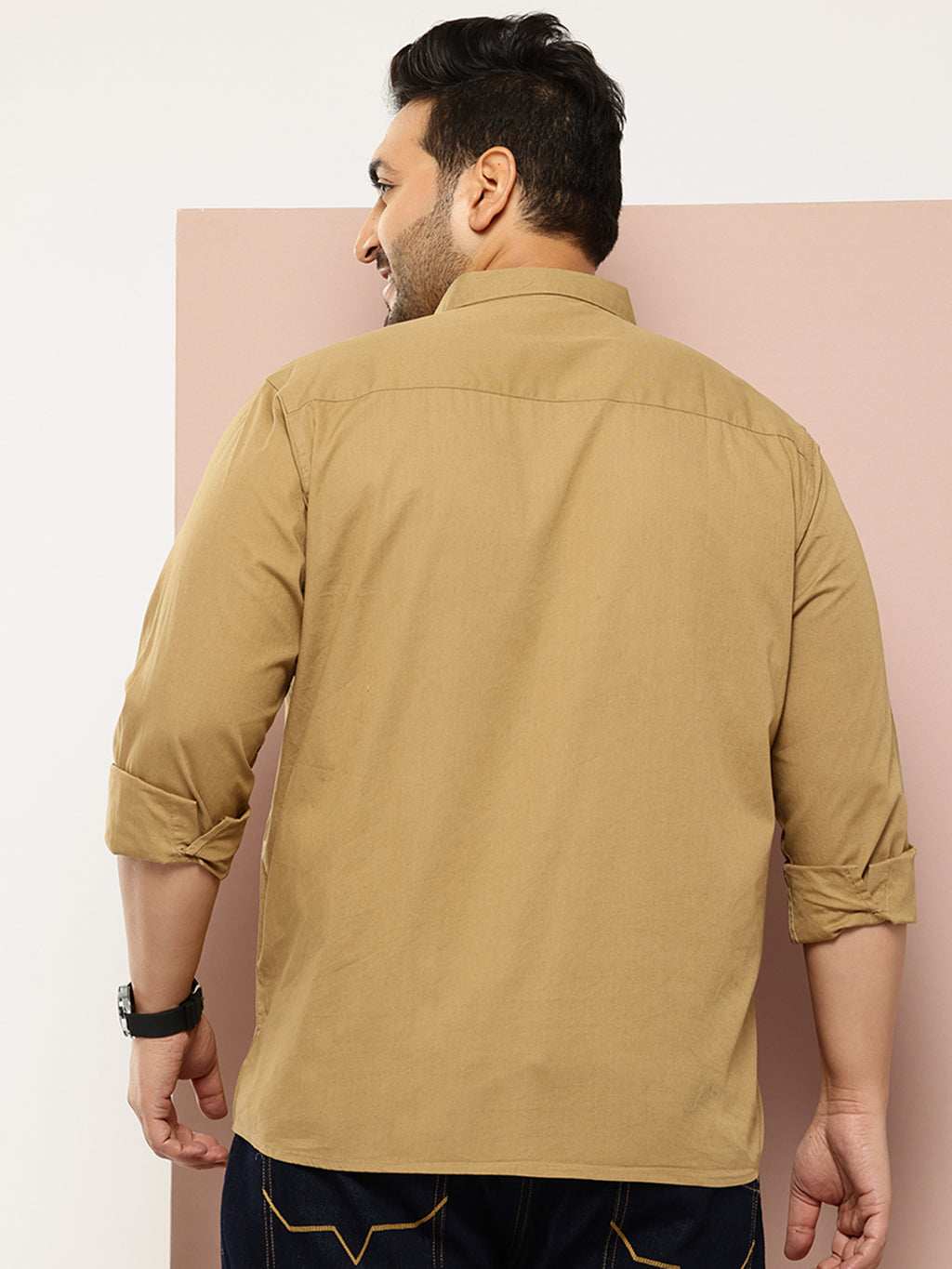Thomas Scott Men Khaki Plus Size Regular Fit Long Sleeves Spread Collar Casual Shirt