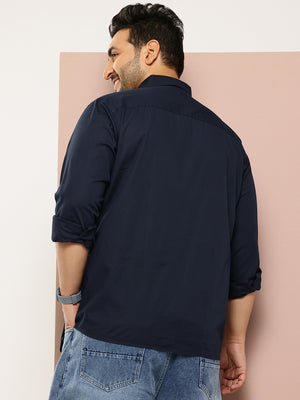 Navy Plus Size Regular Fit Long Sleeves Spread Collar Casual Shirt For Men
