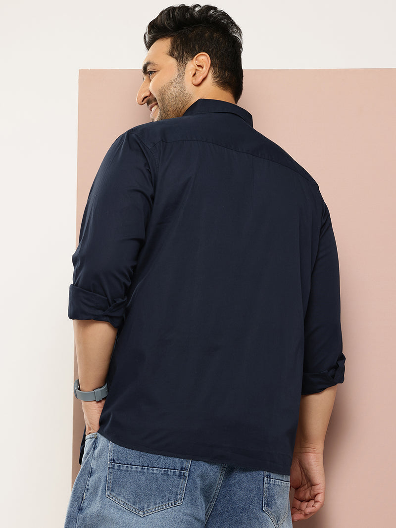 Thomas Scott Men Navy Plus Size Regular Fit Long Sleeves Spread Collar Casual Shirt
