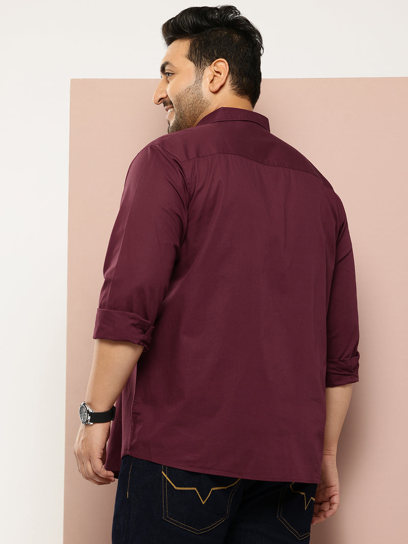 Thomas Scott Men Wine Plus Size Regular Fit Long Sleeves Spread Collar Casual Shirt