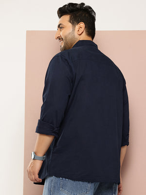 Navy Plus Size Regular Fit Long Sleeves Spread Collar Casual Shirt For Men