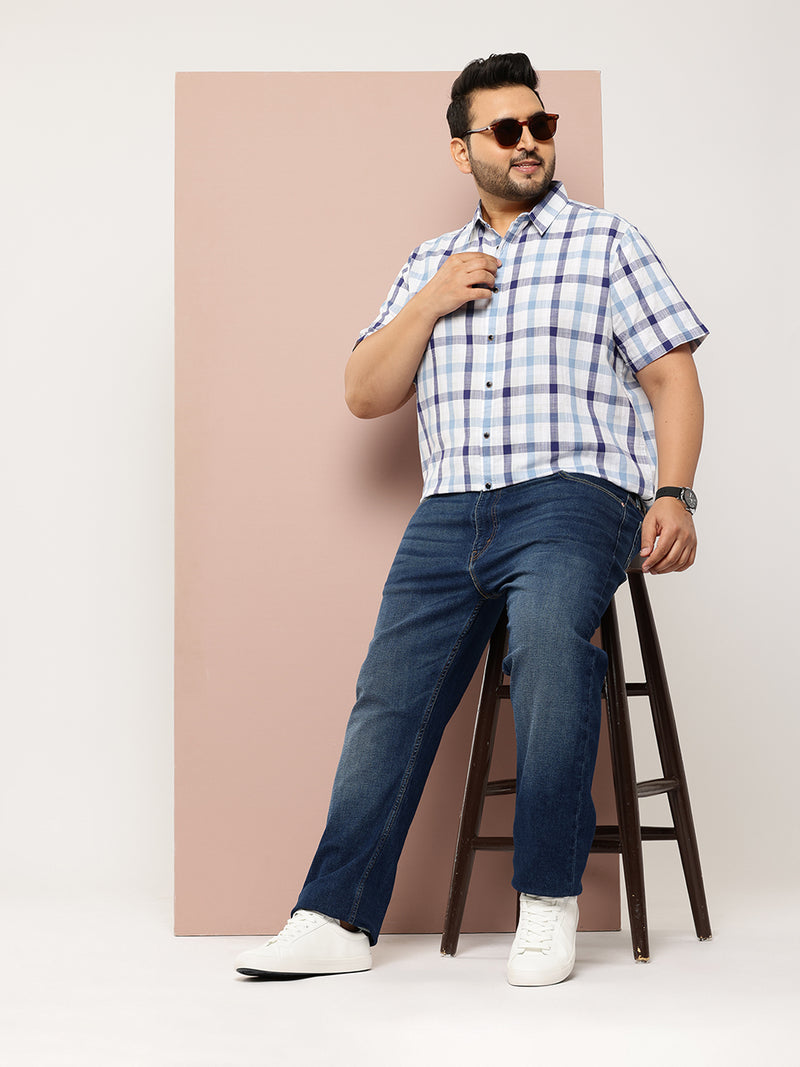 Thomas Scott Men Blue Plus Size Regular Fit Short Sleeves Spread Collar Tartan Checks Casual Shirt