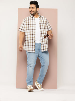 Brown Plus Size Regular Fit Short Sleeves Spread Collar Tartan Checks Casual Shirt For Men