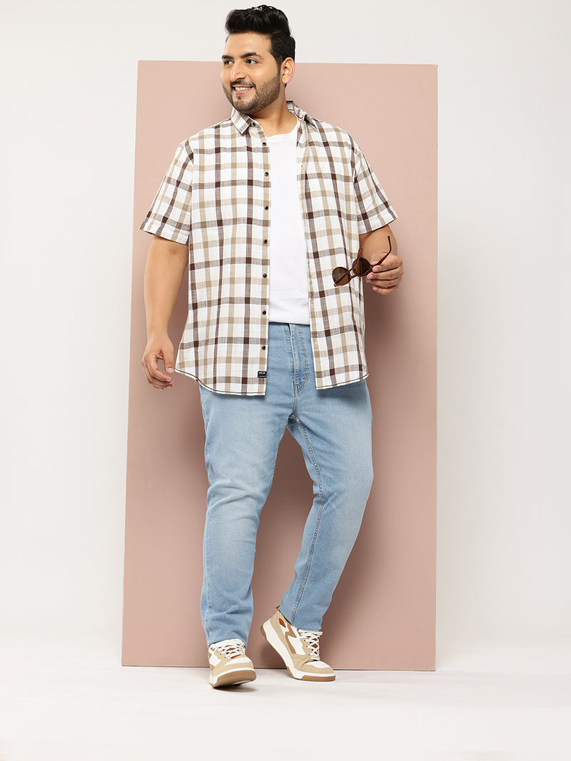 Thomas Scott Men Brown Plus Size Regular Fit Short Sleeves Spread Collar Tartan Checks Casual Shirt