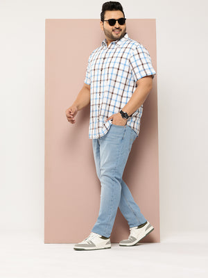 Thomas Scott Men Blue Plus Size Regular Fit Short Sleeves Spread Collar Tartan Checks Casual Shirt