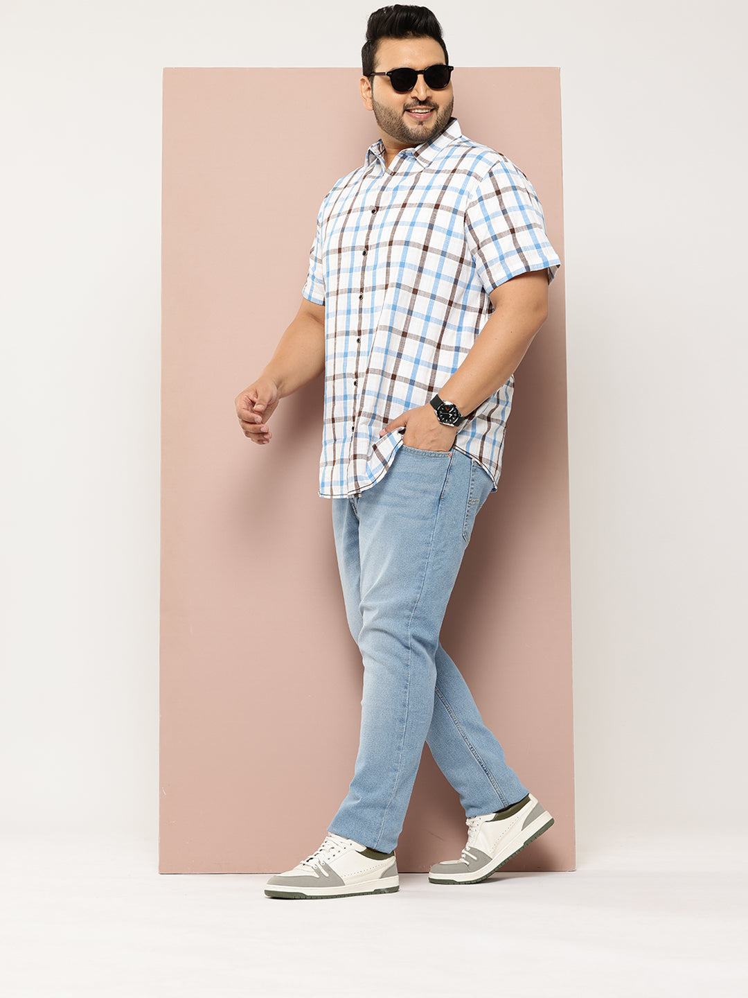 Thomas Scott Men Blue Plus Size Regular Fit Short Sleeves Spread Collar Tartan Checks Casual Shirt