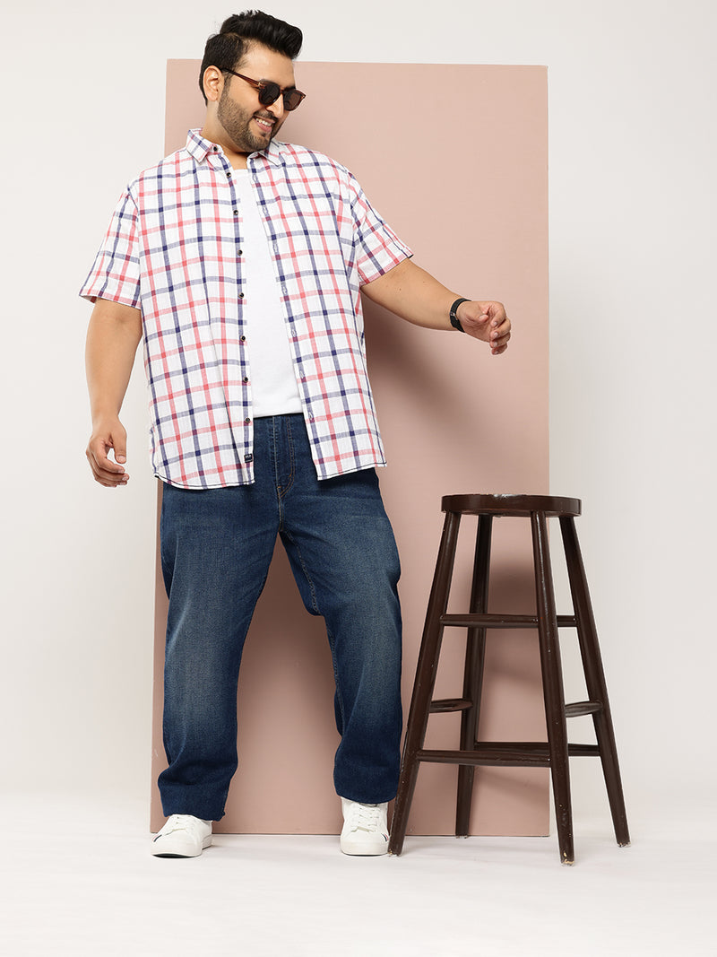 Thomas Scott Men Red Plus Size Regular Fit Short Sleeves Spread Collar Tartan Checks Casual Shirt