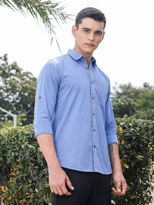 Thomas Scott Men Blue Slim Fit Long Sleeves Spread Collar Filafil Casual Shirt