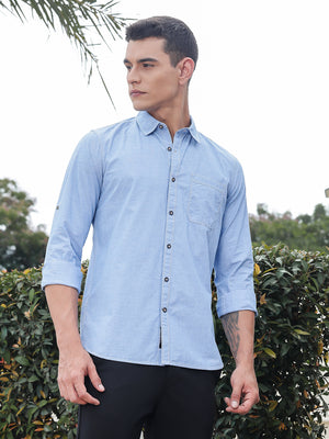 Thomas Scott Men Mid Blue Slim Fit Long Sleeves Spread Collar Filafil Casual Shirt