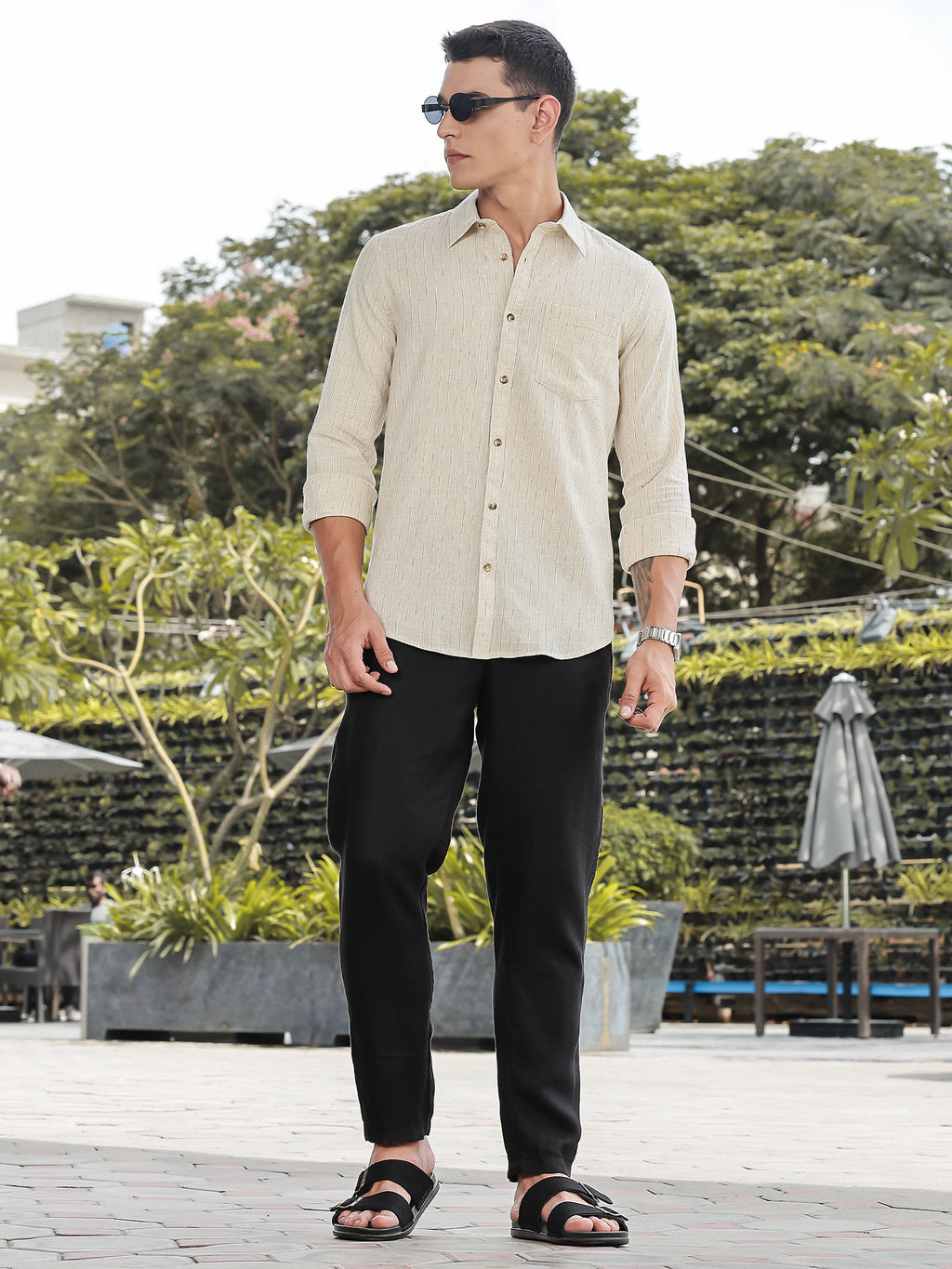 Thomas Scott Men Beige Slim Fit Long Sleeves Vertical Stripes Linen Casual Shirt