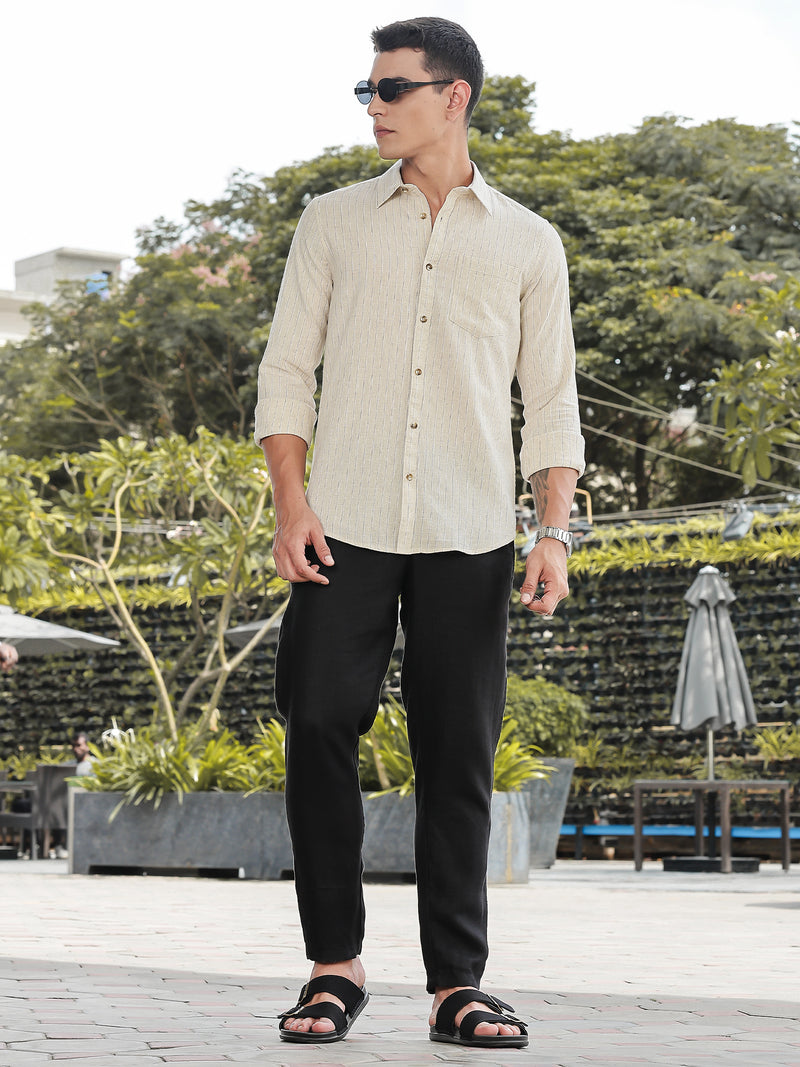 Thomas Scott Men Beige Slim Fit Long Sleeves Vertical Stripes Linen Casual Shirt