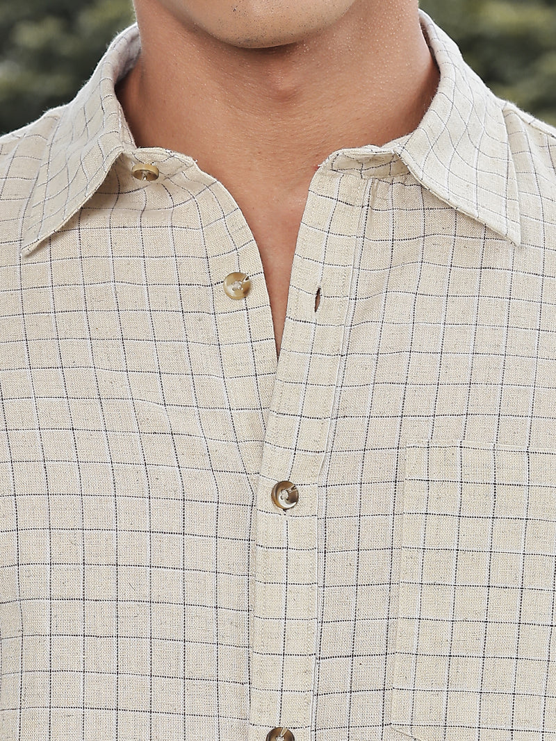 Thomas Scott Men Khaki Slim Fit Long Sleeves Windowpane Checks Linen Casual Shirt