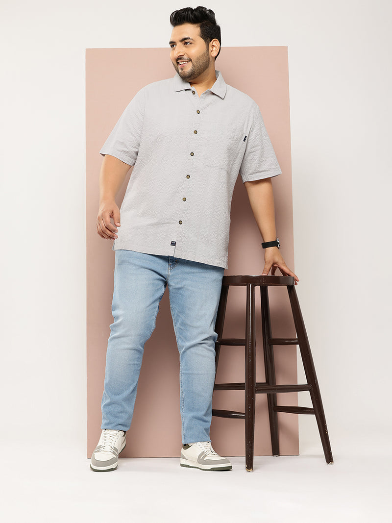 Thomas Scott Men Grey Plus Size Regular Fit Short Sleeves Cotton Seersucker Shirt