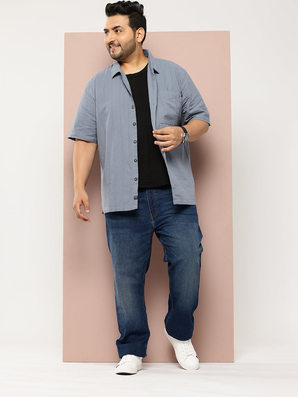 Thomas Scott Men Mid Blue Plus Size Regular Fit Short Sleeves Cotton Seersucker Shirt