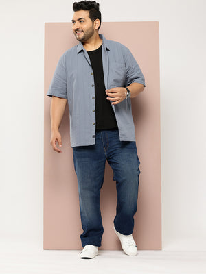 Thomas Scott Men Mid Blue Plus Size Regular Fit Short Sleeves Cotton Seersucker Shirt