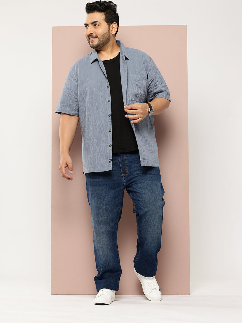 Thomas Scott Men Mid Blue Plus Size Regular Fit Short Sleeves Cotton Seersucker Shirt
