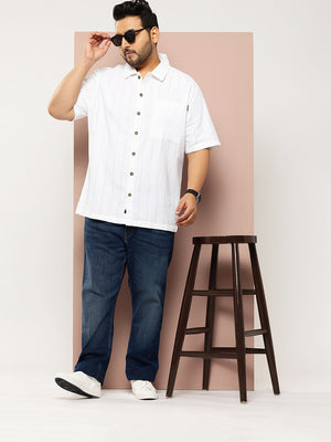 White Plus Size Regular Fit Short Sleeves Cotton Seersucker Shirt For Men