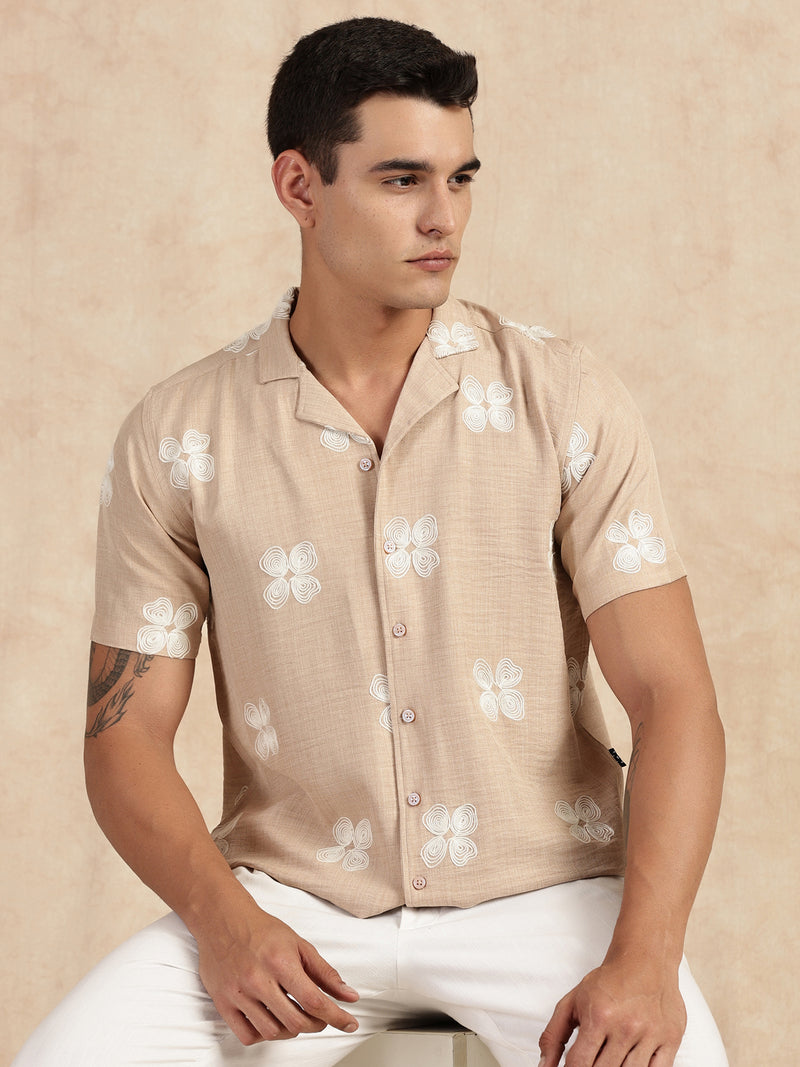 Thomas Scott Men Beige Regular Fit Short Sleeves Cuban Collar Embroidered Shirt