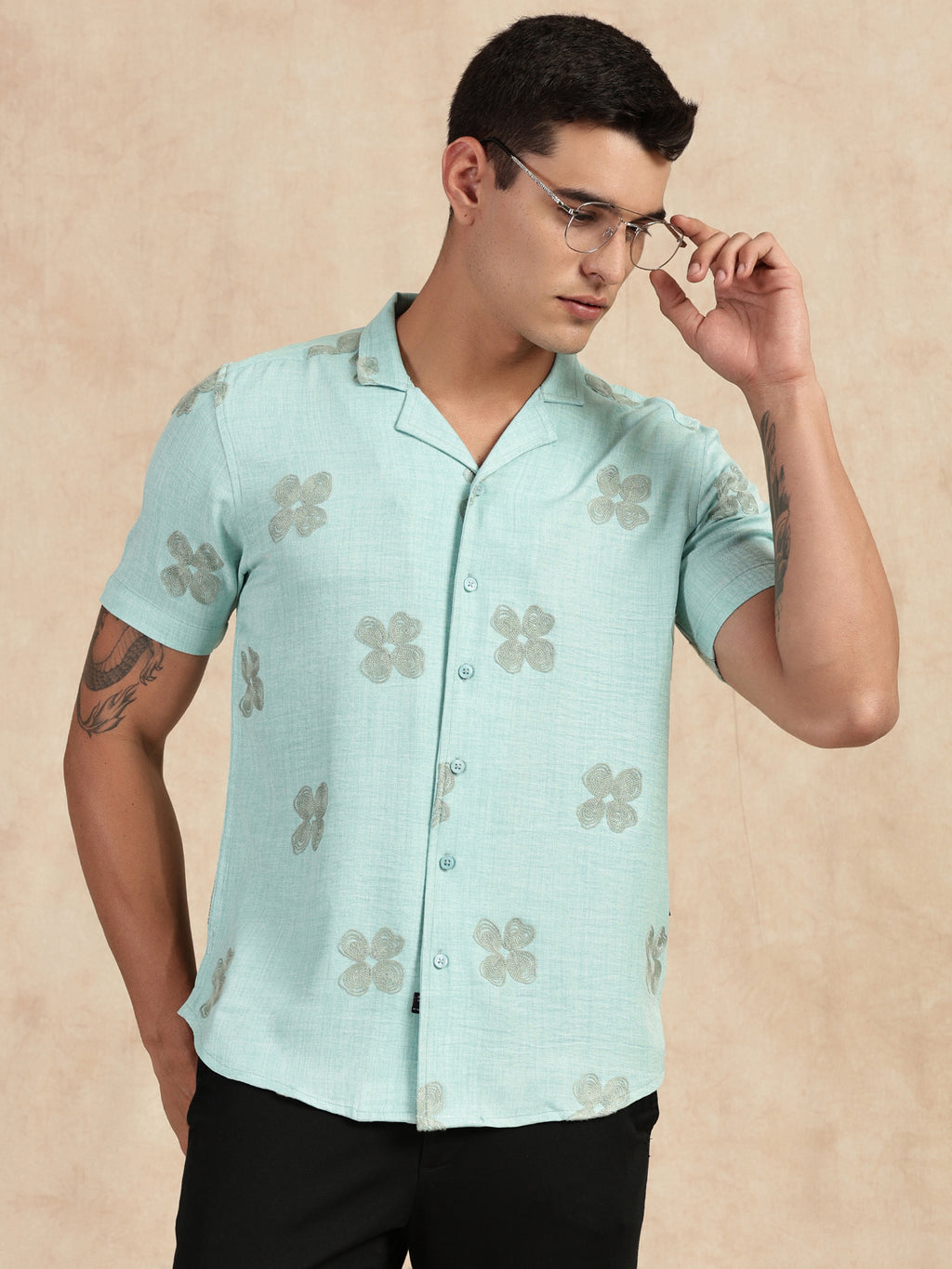 Thomas Scott Men Sky Blue Regular Fit Short Sleeves Cuban Collar Embroidered Shirt