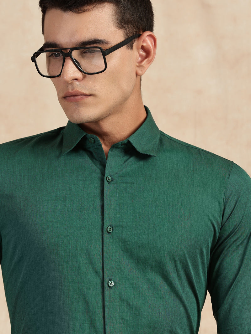 Thomas Scott Men Dark Green Slim Fit Long Sleeves Button-Down Collar Solid Filafil Formal Shirt