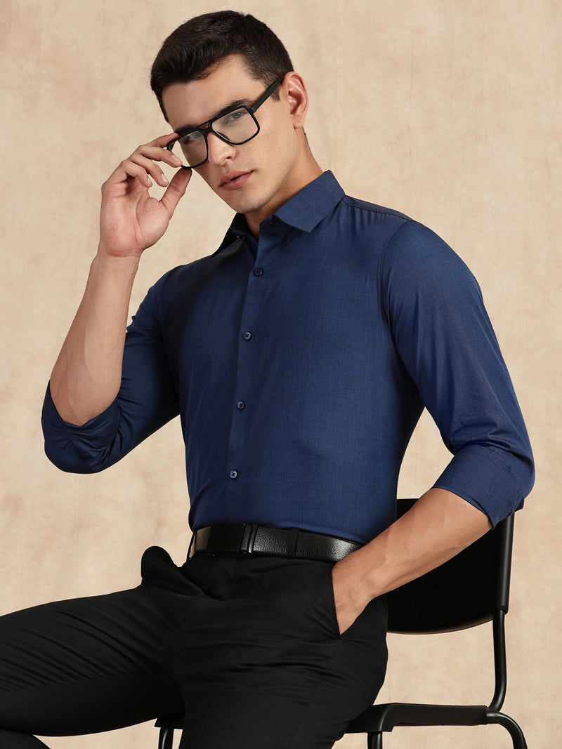 Thomas Scott Men Navy Slim Fit Long Sleeves Button-Down Collar Solid Filafil Formal Shirt
