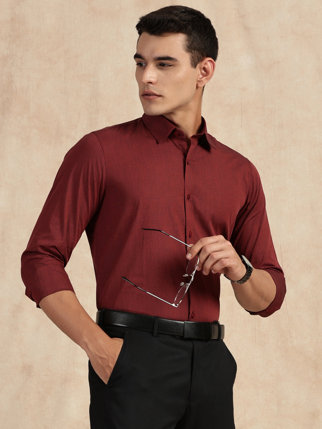 Thomas Scott Men Red Slim Fit Long Sleeves Button-Down Collar Solid Filafil Formal Shirt