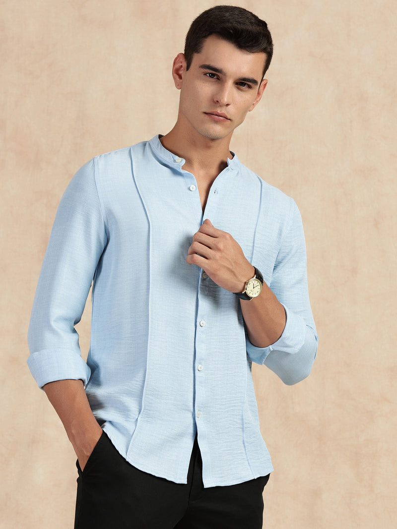 Thomas Scott Men Light Blue Slim Fit Long Sleeves Mandarin Collar Textured Casual Shirt