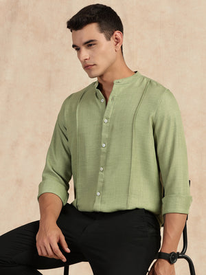 Thomas Scott Men Light Green Slim Fit Long Sleeves Mandarin Collar Textured Casual Shirt