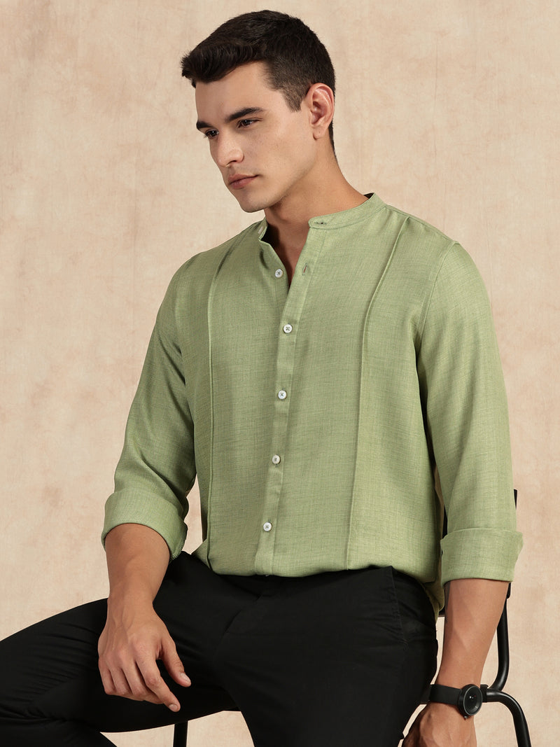 Thomas Scott Men Light Green Slim Fit Long Sleeves Mandarin Collar Textured Casual Shirt