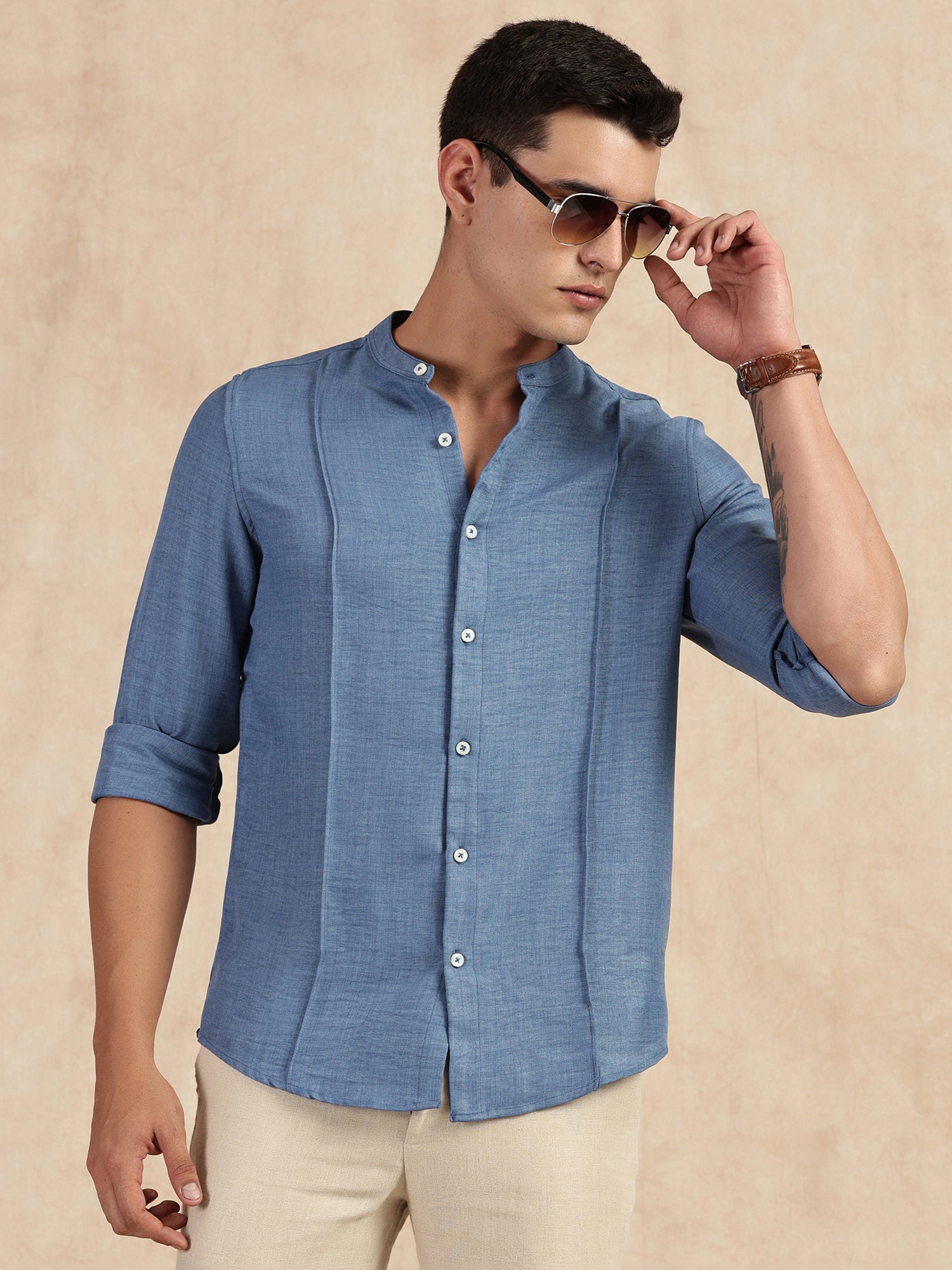 Thomas Scott Men Medium Blue Slim Fit Long Sleeves Mandarin Collar Textured Casual Shirt