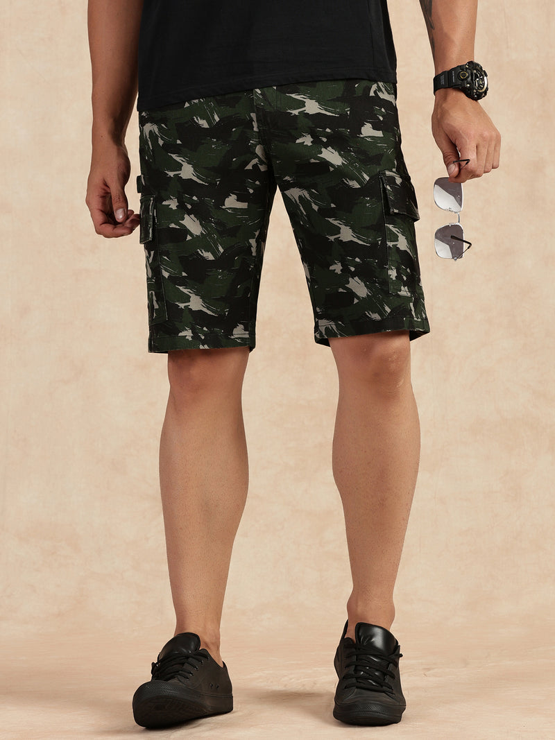 Thomas Scott Men Dark Olive Regular Fit Mid Rise Camouflage Cargo Shorts