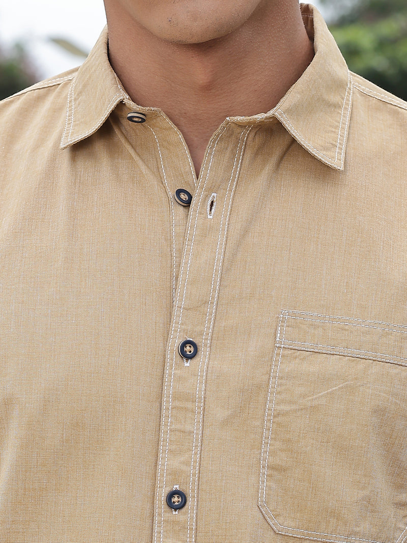 Thomas Scott Men Khaki Slim Fit Long Sleeves Spread Collar Filafil Casual Shirt