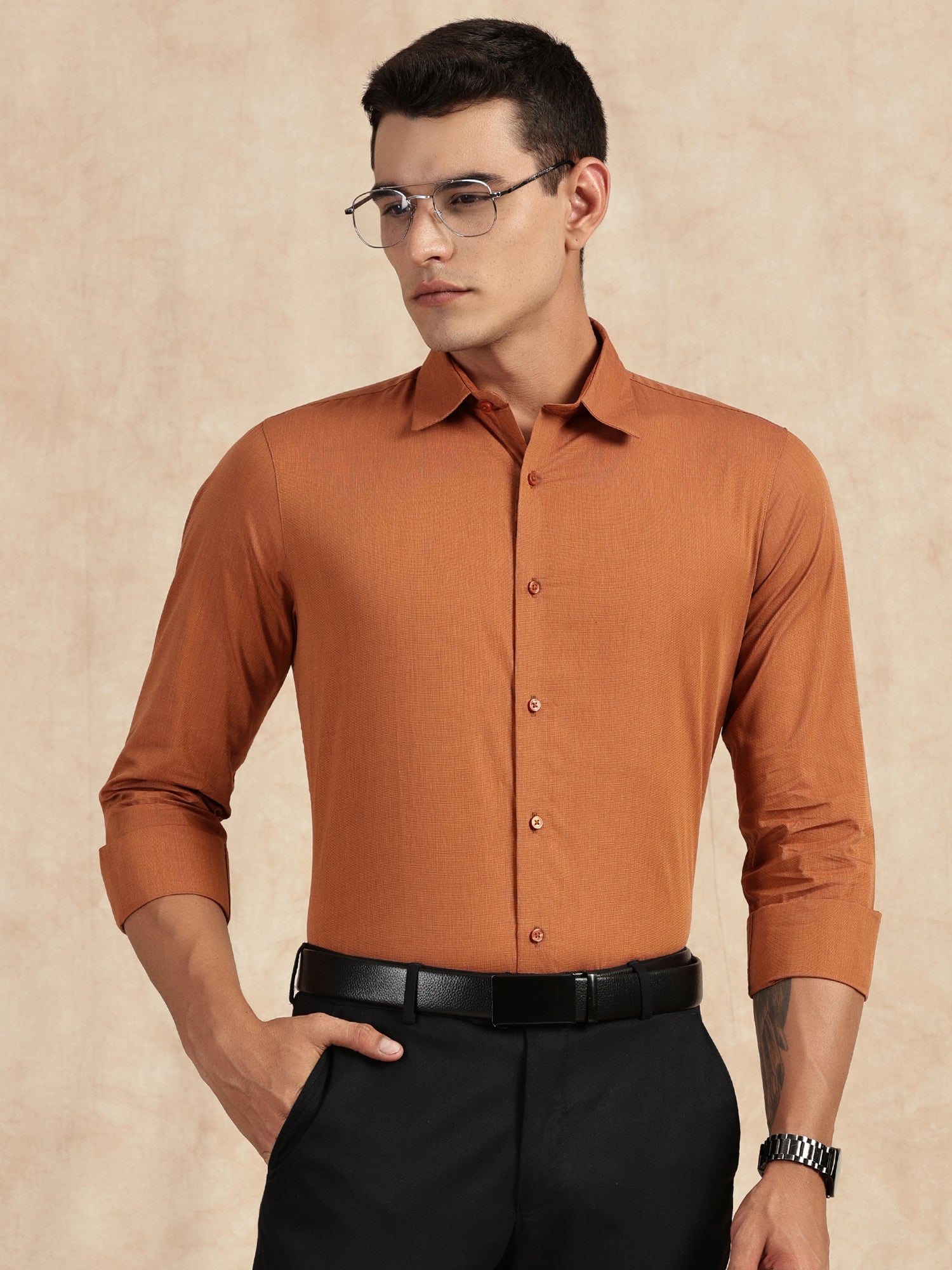 Thomas Scott Men Orange Slim Fit Long Sleeves Button-Down Collar Solid Filafil Formal Shirt