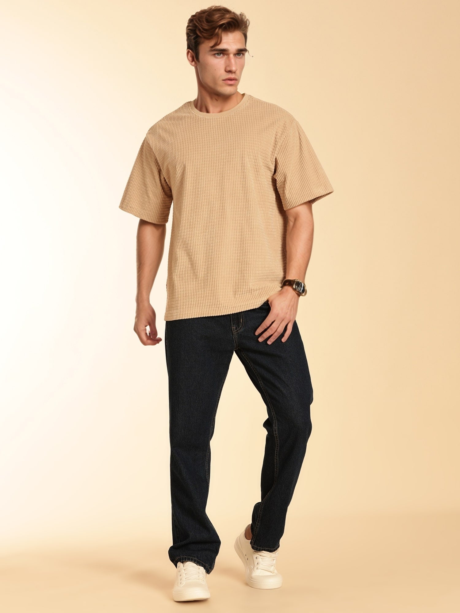 Thomas Scott Men Beige Towel Terry Oversized Short Sleeves Round Neck Solid Knitted Tshirt