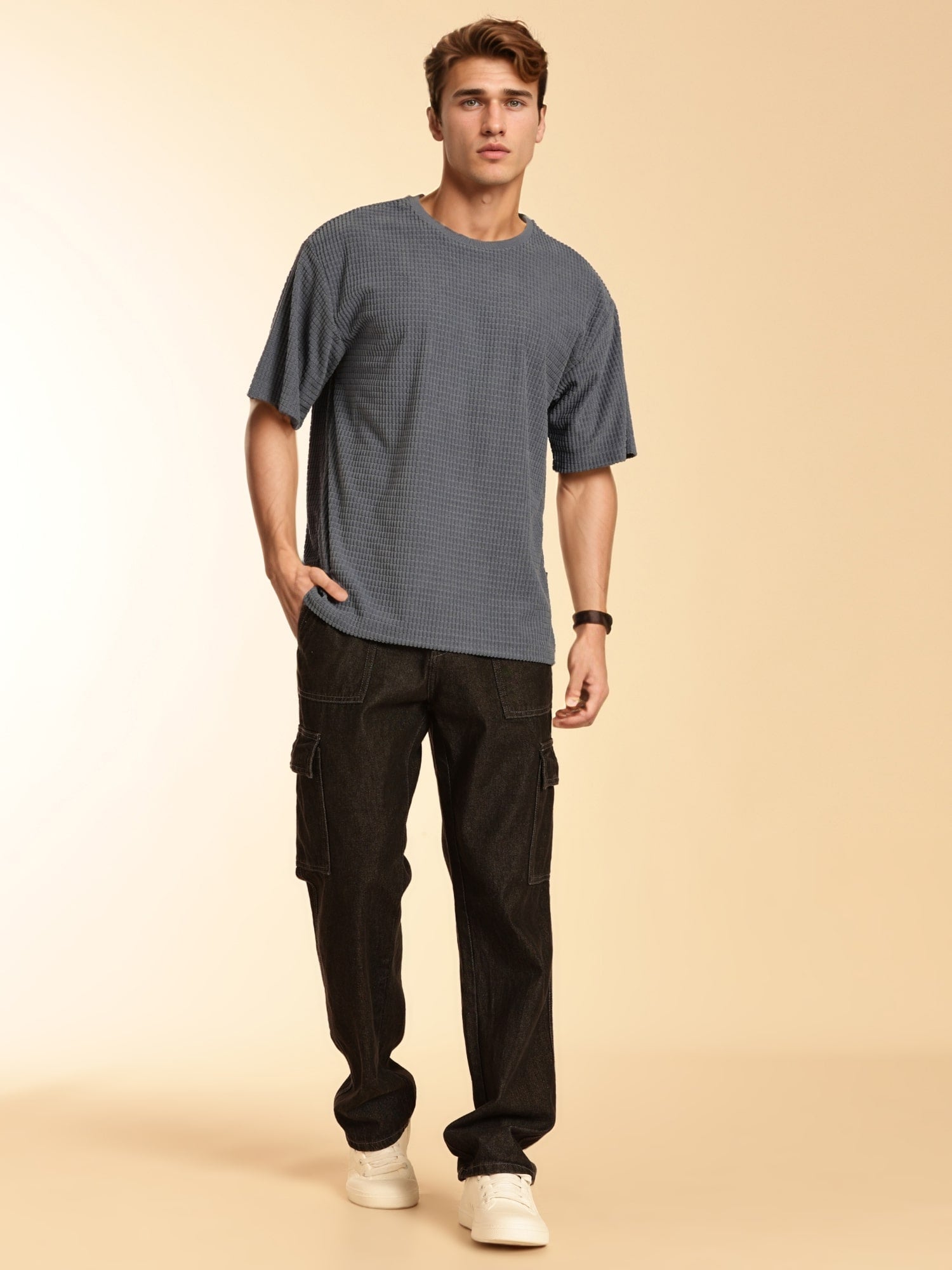 Thomas Scott Men Blue Towel Terry Oversized Short Sleeves Round Neck Solid Knitted Tshirt
