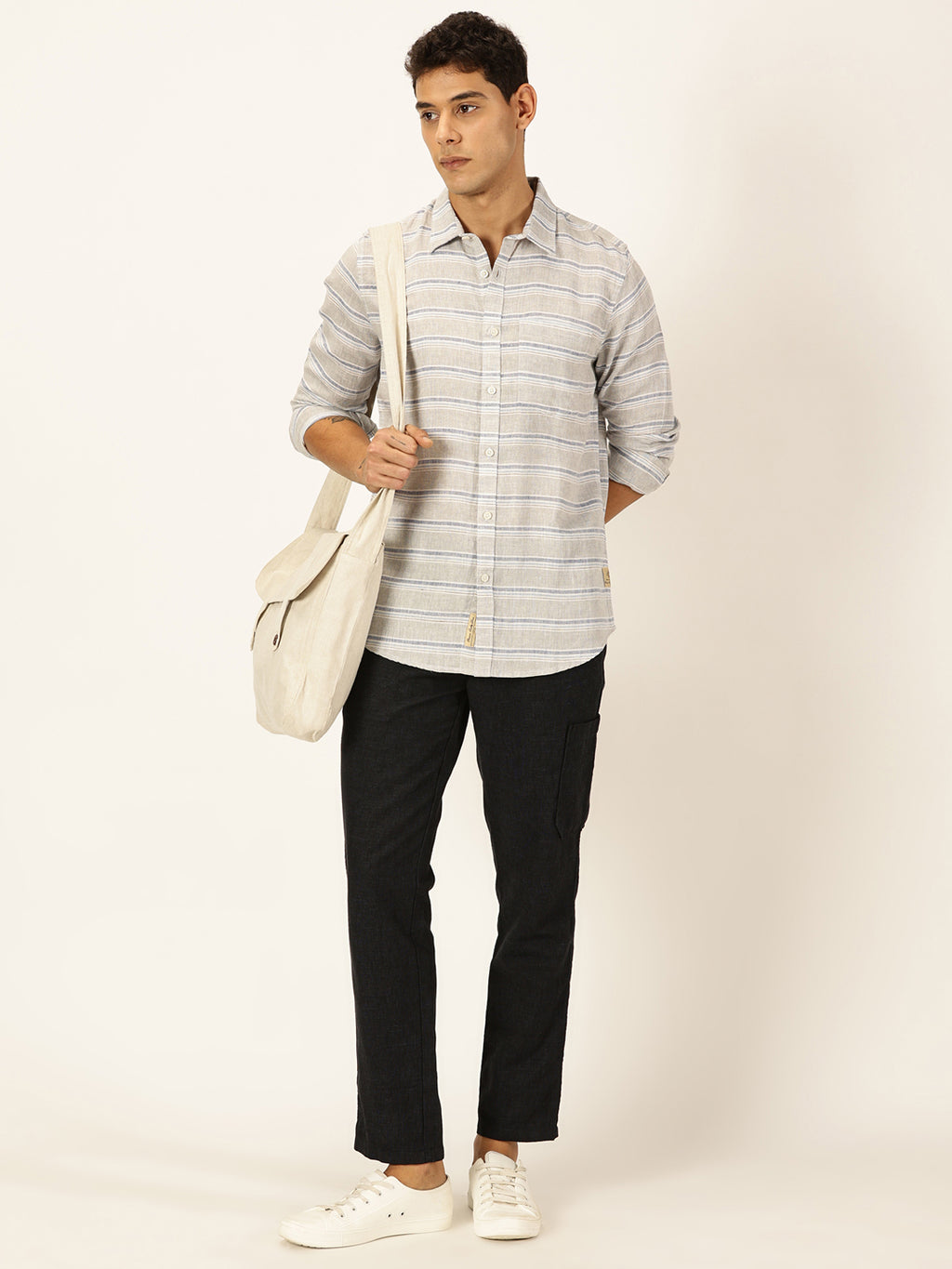 Thomas Scott Men Grey Premium Long Sleeves Spread Collar Horizontal Stripes Linen Casual Shirt