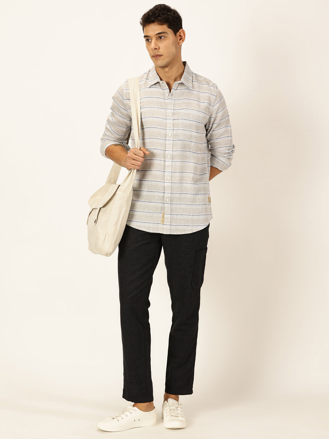 Thomas Scott Men Grey Premium Long Sleeves Spread Collar Horizontal Stripes Linen Casual Shirt