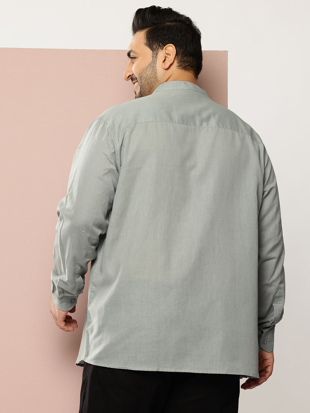 Thomas Scott Men Grey Premium Plus Size Regular Fit Long Sleeves Band Collar Solid Cotton Linen Casual Shirt